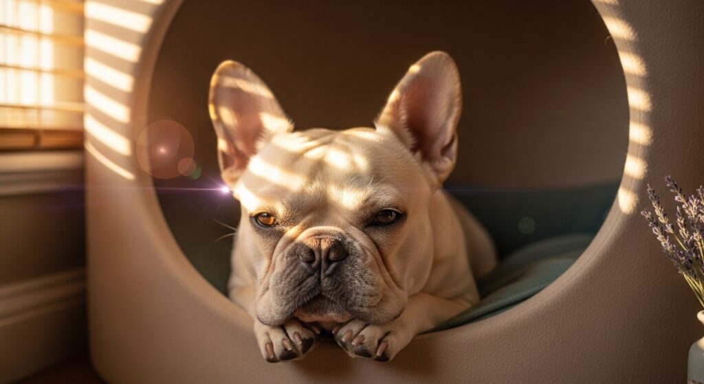 Cream French Bulldog relaxing in a pet bed with sunlight shining on it.