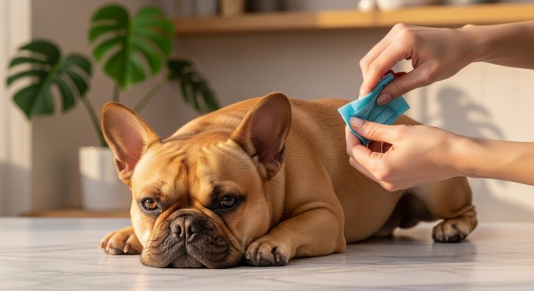 French Bulldog getting tail pocket cleaned with a wipe. Tail pocket infections guide.