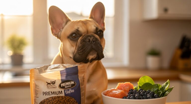 French Bulldog food guide. Dog food, salmon, blueberries, spinach.