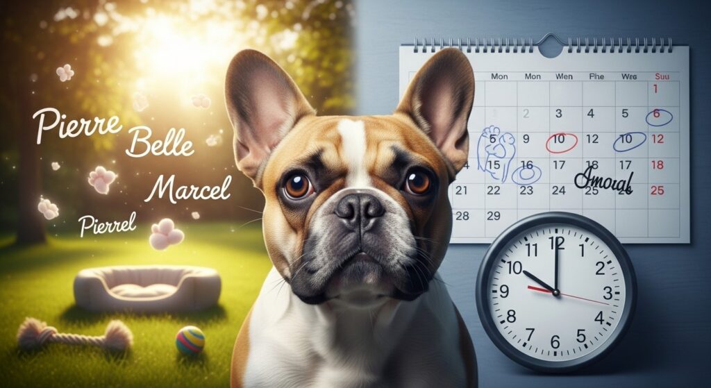 French Bulldog image for article about naming frameworks. Calendar and clock in background.