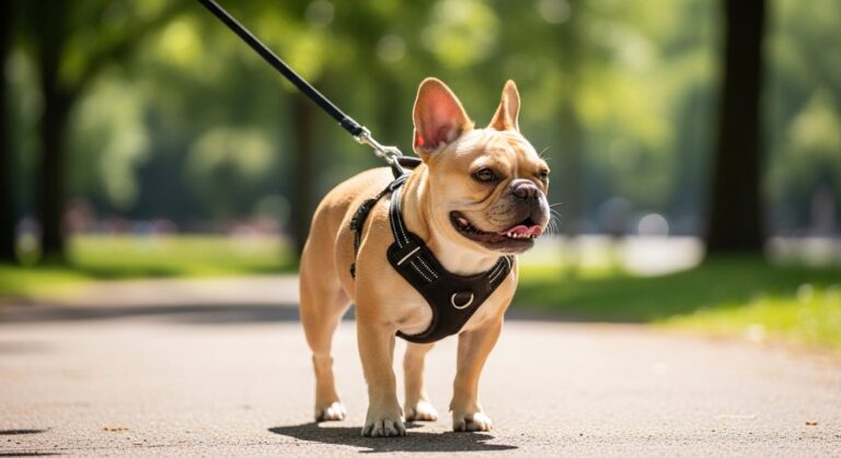 Happy French Bulldog wearing a modern no-pull harness, walking calmly on a leash in a sunny park.