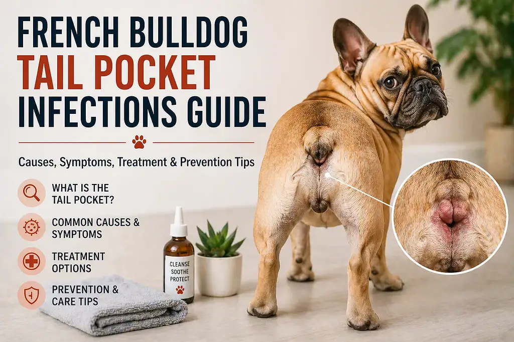 French bulldog tail pocket care illustration showing gentle cleaning and infection prevention