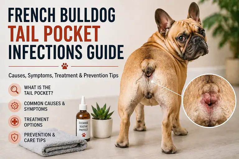 French bulldog tail pocket care illustration showing gentle cleaning and infection prevention