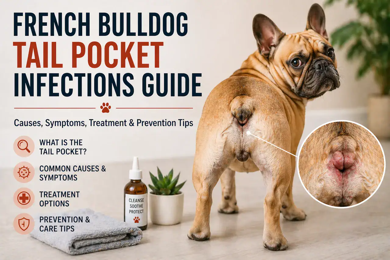 French bulldog tail pocket care illustration showing gentle cleaning and infection prevention