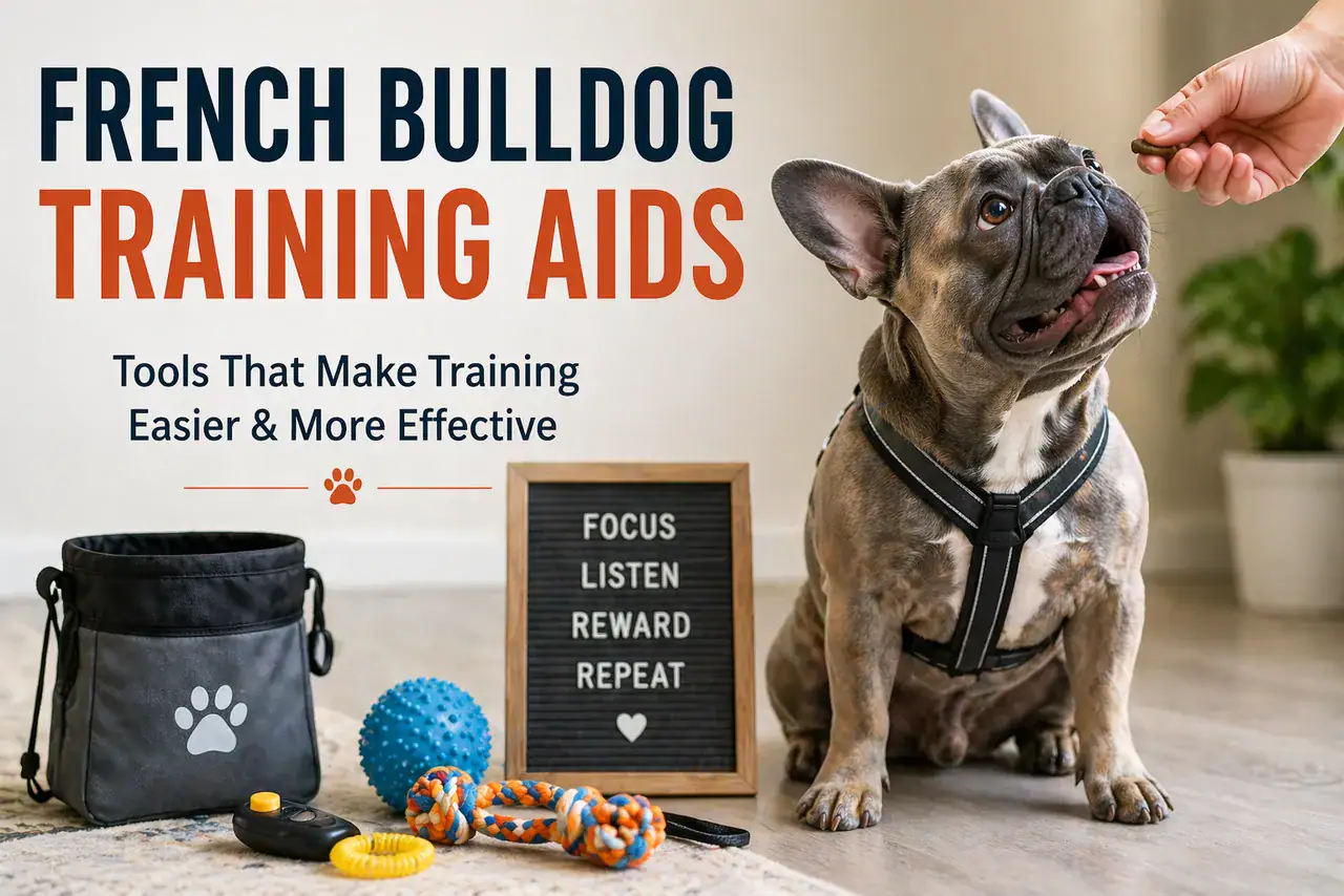 French bulldog with training essentials such as treats, clicker, leash, and toy